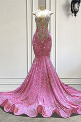 Hermoso vestido de fiesta de sirena con lentejuelas rosas, sin mangas, tirantes y cuentas hasta el suelo